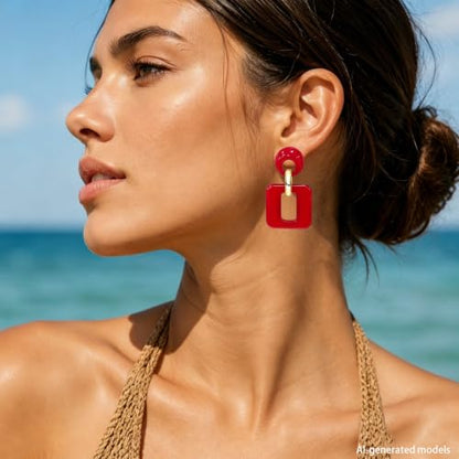 Retro Boho Hollow Square Earrings Lightweight Fashion Jewelry Casual Daily Wear Geometric Drop Earrings Party Acrylic Square Dangle Accessories - color: Red