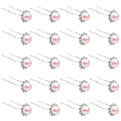 QIUTIMIY 20 Pack (Pink) Pearl Crystal Hair Pins Flower Rhinestone Hair Clips for Bridal Wedding Women Hair Jewelry Accessories, with Clear Container - color: Pearl Flower-Pink
