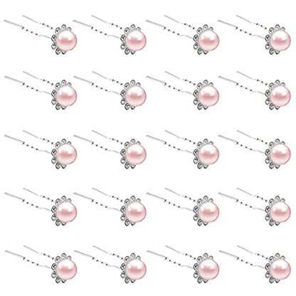 QIUTIMIY 20 Pack (Pink) Pearl Crystal Hair Pins Flower Rhinestone Hair Clips for Bridal Wedding Women Hair Jewelry Accessories, with Clear Container - color: Pearl Flower-Pink