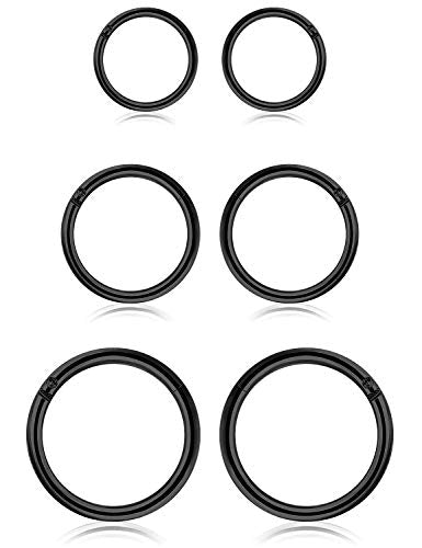 SCERRING 18G Stainless Steel Hinged Clicker Segment Septum Nose Lip Ring Hoop Cartilage Tragus Sleeper Earrings Body Piercing Jewelry 6mm 8mm 10mm 6PCS - color: 3 Pairs - Black