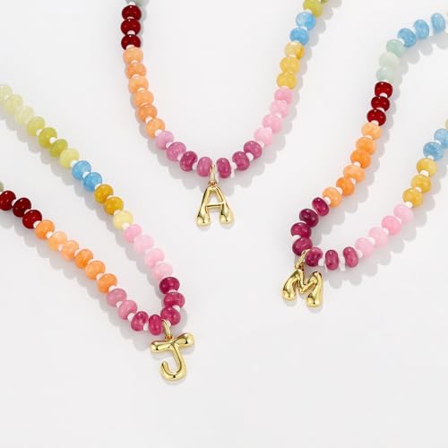 KissYan Initial Necklaces for Women, Colorful Beaded Gemstone Choker 14K Gold Bubble Letter Pendant Necklace Natural Stone Summer Beach Handmade Jewelry Gift - color: Red, style: Letter A