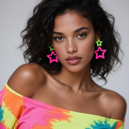 Colorful 80s 90s Neon Star Earrings for Women Retro Glow Party Costume 80s 90s Acrylic Dangle Earrings Outfit - style: Symmetrical Green and Hot Pink