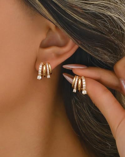 Dangle Gold Earrings for Women Trendy Triple Huggie Chain Earrings 14K Gold Plated Statement Cute Drop Dangle Earrings Dainty Hypoallergenic Chunky Hoop Earrings Fun Earring Stacks Jewelry - color: I-CZ Earrings