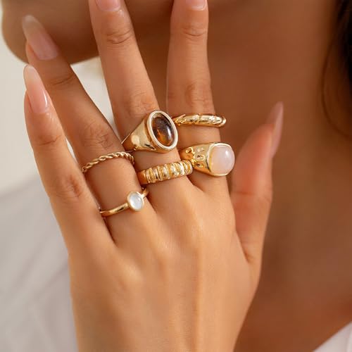 Chunky Rings for Women Stackable Vintage Adjustable Rings for Women Gold Statement Stone Ring Set Non Tarnish Vintage Jewelry - style: Gold 3