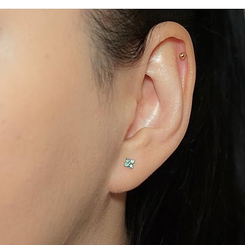 QueenBee 14K Gold Plated Ivy Flower Birthstone Stud Earrings for Women Dainty Floral Gemstone Studs Unique Jewelry Gift for Her - color: Mar-Aquamarine