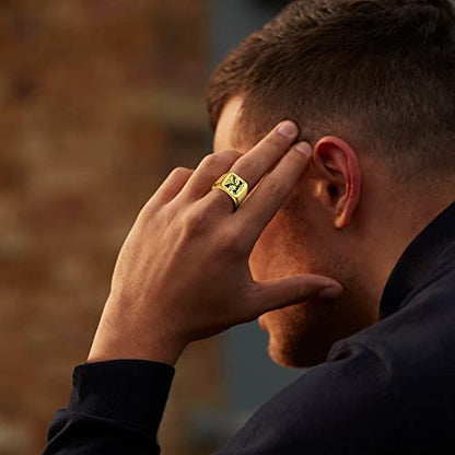 FindChic Customized Signet Photo Rings Square/Heart/Round Chunky Band Ring Stainless Steel/18K Gold Plated/Black Size 7 to 14 Personalized Jewelry for Men Women, Send Gift Box - color: 01. personalized monogram square (gold)