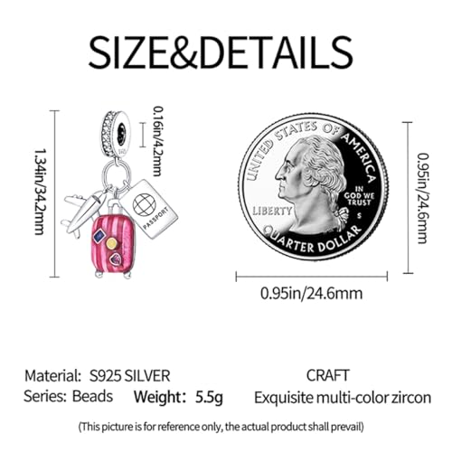 HONGRUI 925 Sterling Silver Charm for Bracelets Fashion Women Jewelry Gift - color: Pink suitcase