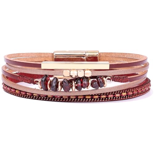 Boho Gemstone Beaded Leather Wrap Bracelets Stackable Chunky Cuff Bracelet Western Jewelry Cowboy Chic Country Concert Outfits for Women - color: Burgundy