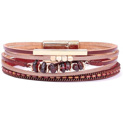 Boho Gemstone Beaded Leather Wrap Bracelets Stackable Chunky Cuff Bracelet Western Jewelry Cowboy Chic Country Concert Outfits for Women - color: Burgundy