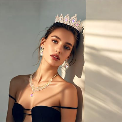 Crowns and Tiaras jewelry sets for Wedding princess birthday party Halloween Prom Pageant Jewelry for Women Crystal Bridal Jewelry Set for women - color: Gold AB
