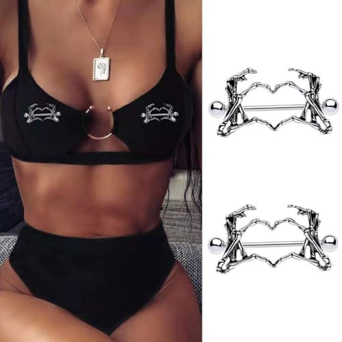14G Skeleton Hand Heart Nipple Rings for Women Gothic 316L Surgical Steel Nipple Barbell Dark Style Nipple Piercing Jewelry for Halloween