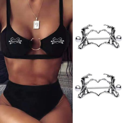 14G Skeleton Hand Heart Nipple Rings for Women Gothic 316L Surgical Steel Nipple Barbell Dark Style Nipple Piercing Jewelry for Halloween