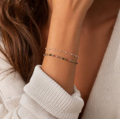 Bracelet Stack for Women, Set of 2 Bracelets, 925 Sterling Silver Satellite Chain, Natural Gemstones Beaded Strand, 6.5"+1" Extender Chain