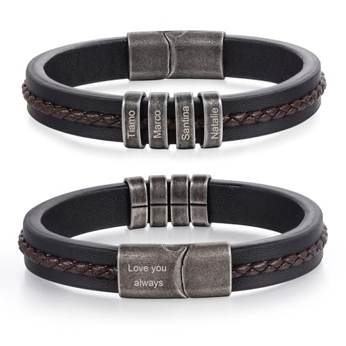 Personalized Bracelet for Men, Engraved Name Bead Braided Leather Bracelet for Dad Husband Grandpa Son, Custom Stainless Steel Men's Bracelet - color: 4 names