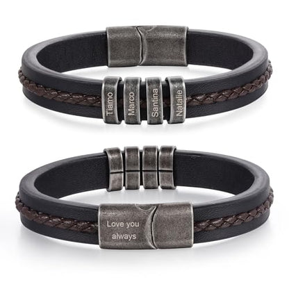 Personalized Bracelet for Men, Engraved Name Bead Braided Leather Bracelet for Dad Husband Grandpa Son, Custom Stainless Steel Men's Bracelet - color: 4 names