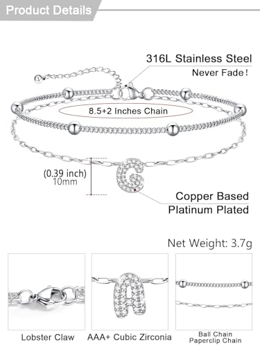 U7 Initial Ankle Bracelets for Women Silver/Gold Anklets Waterproof, 14K Gold Plated Layered Anklets Bracelet Stainless Steel Hypoallergenic 8.5"-10.5" - color: Silver-CZ, size: G