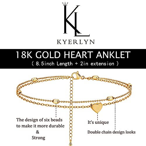 Dainty Simple Chain Anklet for Women 18k Gold/Silver Plated Summer Beach Beaded Evil Eye Moon Figaro Butterfly Satellite Cuban Pearl Flat Marina Anklet Gift - color: Heart Bead- Gold