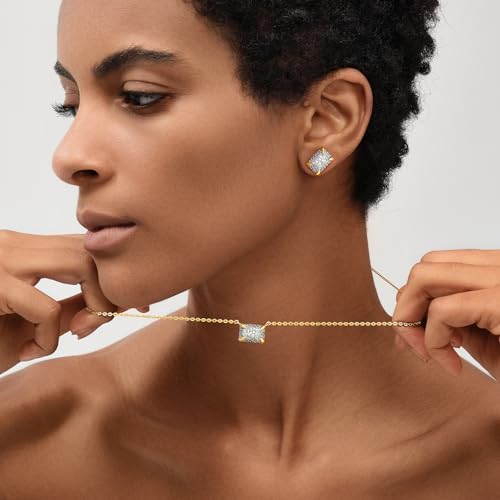 MEVECCO Pave Cubic Zirconia Stud Earrings for Women, 18K Gold Plated Brass | Pave CZ Fronts, Curved Gold Plated Edge Accents, Soft Motifs and Clean Geometric Styles - style: rectangle