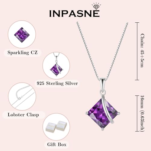 Square Princess Cut Necklace 925 Sterling Silver Solitaire Pendant Necklace Birthstone Jewelry Gifts for Women - color: 02 February - Amethyst