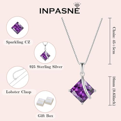 Square Princess Cut Necklace 925 Sterling Silver Solitaire Pendant Necklace Birthstone Jewelry Gifts for Women - color: 02 February - Amethyst
