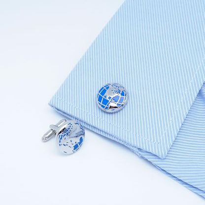 World Map Unique Cufflinks for Men Classic Round Blue Globe Earth Cufflinks in Gift Case for Wedding Business French Cuff Shirt | Mens Women Cuff Links Set Jewelry for Wedding Party Daily Office Formal Casual Wear Business Tuxedo Dress, Come with Gift Box