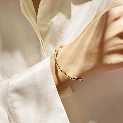 PERNNLA PEARL Dainty Gold Bar Bracelet for Women Simple Delicate Thin Cuff Bangle Hook Bracelet 18K Gold Plated Handmade Minimalist Jewelry - color: 4.Bamboo