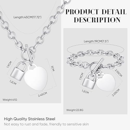 VNOX Personalized Initial Name Stainless Steel Trendy Cable Chain Bracelet Neckalce Set with Padlock Heart Charm and Toggle Clasp Closure - color: Silver Necklace+Bracelet