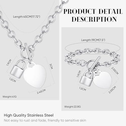 VNOX Personalized Initial Name Stainless Steel Trendy Cable Chain Bracelet Neckalce Set with Padlock Heart Charm and Toggle Clasp Closure - color: Silver Necklace+Bracelet