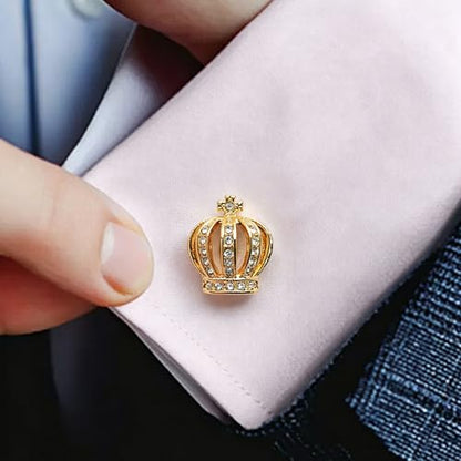 Golden Royal Crown Mens Cufflinks with Crystals In Gift Case | Novelty Style Cuff Links for Men Women Jewelry for Wedding Party Daily Office Formal or Casual Wear Business Tuxedo Dress