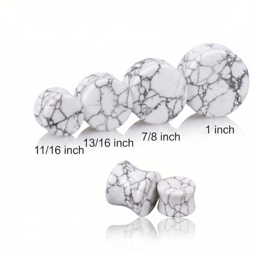 Pair of Solid White Howlite Semi Precious Stone Double Flare Ear Plugs E629 - size: 13/16 Inch (20mm)