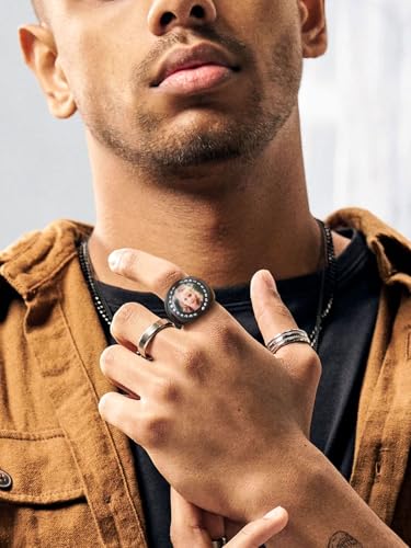 FindChic Customized Signet Photo Rings Square/Heart/Round Chunky Band Ring Stainless Steel/18K Gold Plated/Black Size 7 to 14 Personalized Jewelry for Men Women, Send Gift Box - color: 02. round (black)