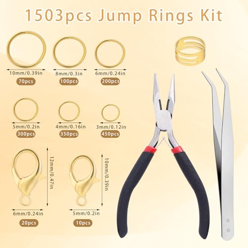 1503Pcs Gold Jump Rings for Jewelry Making Supplies Necklace Clasps Kit with Open Tools Pliers Tweezers and Lobster Clasps for Jewelry Tools Repair Kit - color: gold11