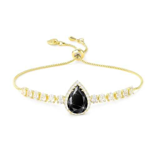 Linawe Crystal Imitation Diamond Rhinestone Charm Bracelets for Women, Gold/Silver/Rose Gold Adjustable Chain Bracelet, Teardrop Birthstone Cubic Zirconia Prom Costume Wedding Jewelry - color: Gold,Blk