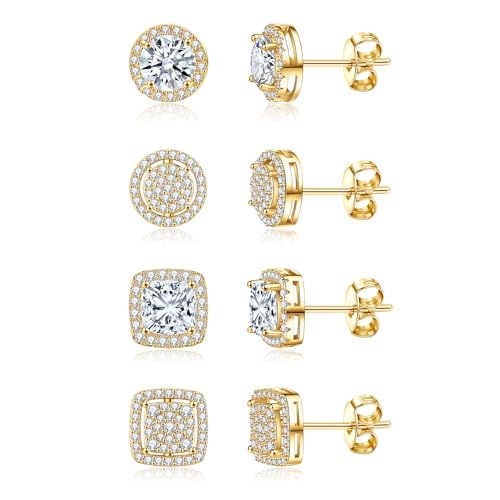 Cubic Zirconia Stud Earrings for Women Men 14K Gold-Plated Halo Stud Earrings Hypoallergenic Earrings CZ Halo Stud Earrings for Sensitive Ears - style: A-GOLDEN
