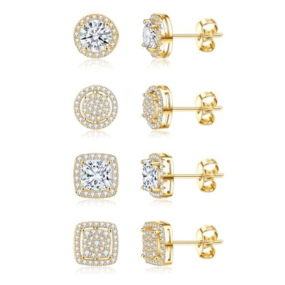 Cubic Zirconia Stud Earrings for Women Men 14K Gold-Plated Halo Stud Earrings Hypoallergenic Earrings CZ Halo Stud Earrings for Sensitive Ears - style: A-GOLDEN