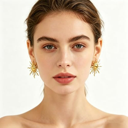 Gold Statement Earrings For Women, 14K Gold Plated Textured Geometric Drop Earrings - Hypoallergenic Stainless Steel Statement Earrings for Women, Waterproof Fan-Shaped Dangle Earrings for Beach & Daily Wear - color: Sunburst DKE252088GL