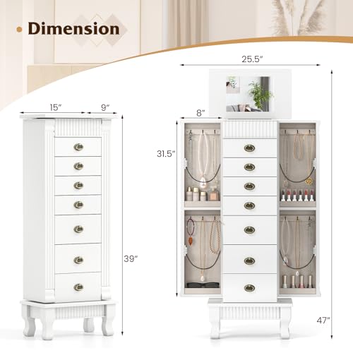 Giantex Standing Jewelry Cabinet with 7 Drawers, Flip-Top Mirror, 2 Side Doors with 12 Necklace Hooks, Divided Ring Compartments, Velvet-Lined Jewelry Armoire Organizer Chest (White) - color: White