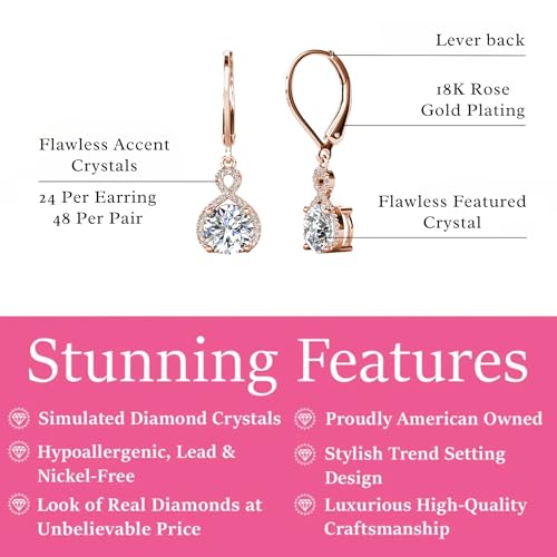 Cate & Chloe Alessandra 18k Gold-Plated Dangle Earrings for Women with Simulated Diamond Crystals | Hypoallergenic Earring Jewelry Gift for Her on Mother’s Day, Birthday, Wedding - color: Rose Gold