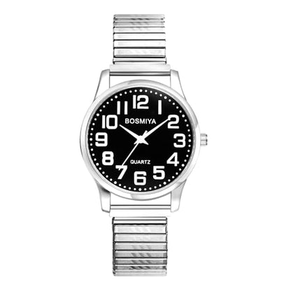 Avaner Stretch Band Wrist Watches: Elastic Strap Bangle Big Number Easy Reader Analog Quartz Wristwatch for Men Women - color: Silver Band Black Dial (for men)