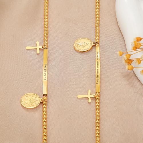 DS Inspirational Bracelet for Women Christian Engraved Bibler Verse Cross Butterfly Daisies Charm Bracelet, Exquisite Stainless Steel Jewelry Daughter Best Friend Bestie - style: Do not be anxious about anything.-Gold