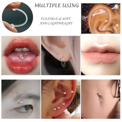 82-Pack Clear Piercing Retainer Bioflex Plastic Body Jewelry | for Nose Eyebrow Lip Septum Ear Navel Tongue Discreet Industrial Piercing Invisible Earrings for Surgery Sports