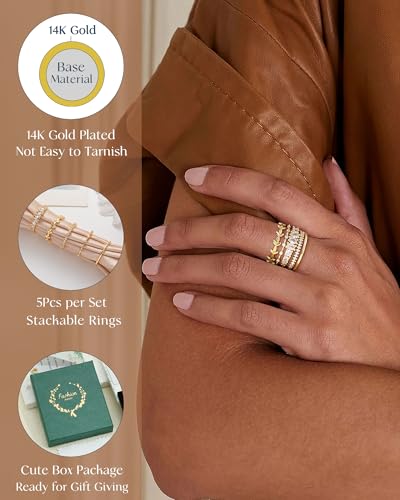 Stackable Gold Rings for Women Non Tarnish Chunky 14K Gold Plated Stacking Cubic Zirconia Engagement Thumb Ring Set Stack Pack Statement Wedding Band Rings Promise Rings Gold Jewelry - color: D-5Pcs Engagement Rings