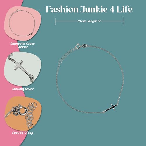 FashionJunkie4Life Sterling Silver Adjustable Link Anklet with Extension, Sterling Silver ankle bracelets for women, Summer bracelets, Foot Jewelry, Boho Jewelry for women - color: Sideways Cross