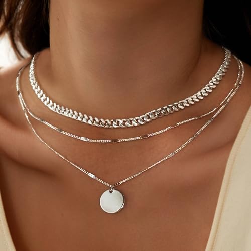 Layered Gold Silver Necklaces for Women, Stackable Stack 14K Real Gold Plated Silver Chain Necklace Diamond Circle CZ Layering Pendant Necklaces Trendy Gold Jewelry Set Gifts - color: silver, style: 3PC-Coin