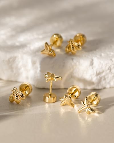 Flat Back Earrings for Women Cartilage Helix | Comfortable Dainty Cute Dragon Bee Bird Phoenix Dragonfly Cute Animal Leaf Spiral Rhombus Design Flatback Stud Earrings - color: Gold Bee