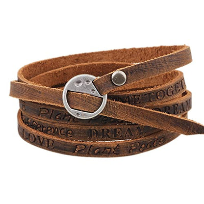 Handmade Genuine Leather 0.6cm Width 5 Wrap Bracelet for Women Alphabets Stamped Inspirational Words Multilayer Leather Bracelet Jewelry Gift For Men Women - color: Brown