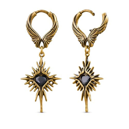 PUNKYOUTH Gothic Crest Dangle Drop Hoop Earrings Dark Alternative Piercing Jewelry 18G 1mm Antique Finish Ornate Scroll Cubic Zirconia Spike Statement Everyday Wear Accessories For Women Men - color: Winged Heartburst Earring-Gold