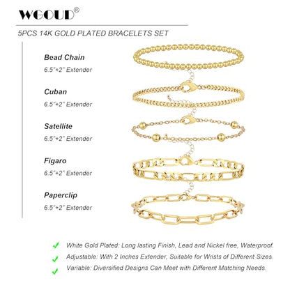 Wgoud Waterproof Gold Bracelets for Women Trendy, Dainty 14K Real Gold Plated Fashion Stackable Bracelet Sets for Women Thin Cuban Link Paperclip Chain Bracelets Layered Gold Jewelry Sets Gifts for Womens - color: 5Pcs Gold Bracelet