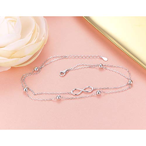 Flyow Anklet for Women S925 Sterling Silver Adjustable Foot Beaded Heart Charm Ankle Bracelet Anklets Jewelry - style: infinity 9+1