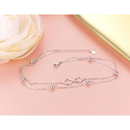 Flyow Anklet for Women S925 Sterling Silver Adjustable Foot Beaded Heart Charm Ankle Bracelet Anklets Jewelry - style: infinity 9+1